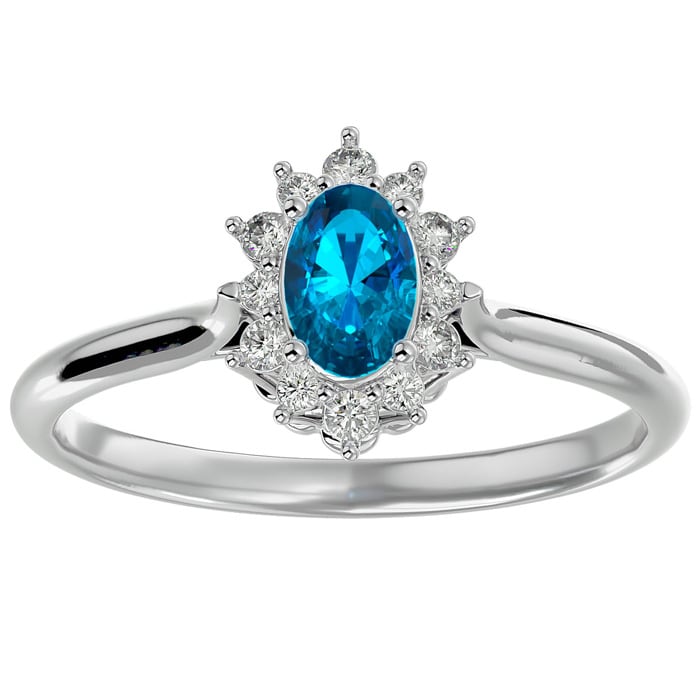 2/3 Carat Oval Shape Blue Topaz and Halo Diamond Ring In 14 Karat White Gold