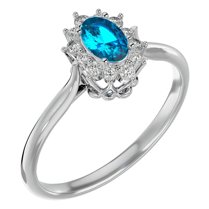 2/3 Carat Oval Shape Blue Topaz and Halo Diamond Ring In 14 Karat White Gold