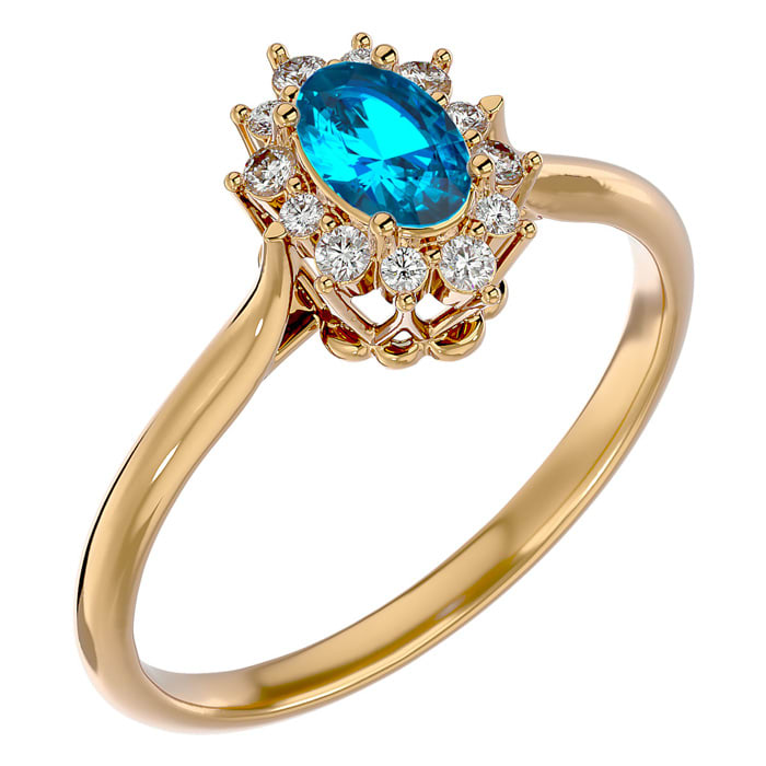 2/3 Carat Oval Shape Blue Topaz and Halo Diamond Ring In 14 Karat Yellow Gold