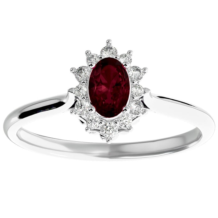 Garnet Ring: Garnet Jewelry: 2/3 Carat Oval Shape Garnet and Halo Diamond Ring In 14 Karat White Gold