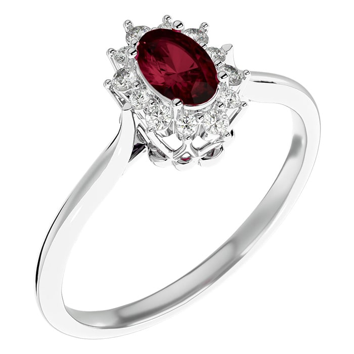 Garnet Ring: Garnet Jewelry: 2/3 Carat Oval Shape Garnet and Halo Diamond Ring In 14 Karat White Gold