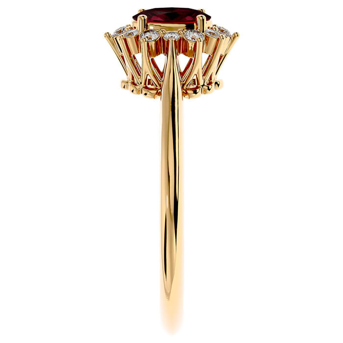 Garnet Ring: Garnet Jewelry: 2/3 Carat Oval Shape Garnet and Halo Diamond Ring In 14 Karat Yellow Gold