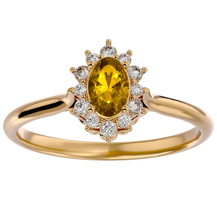 2/3 Carat Oval Shape Citrine and Halo Diamond Ring In 14 Karat Yellow Gold