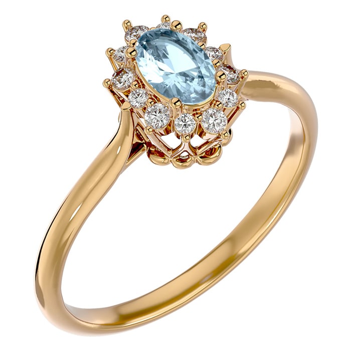 Aquamarine Ring: Aquamarine Jewelry: 2/3 Carat Oval Shape Aquamarine and Halo Diamond Ring In 14 Karat Yellow Gold