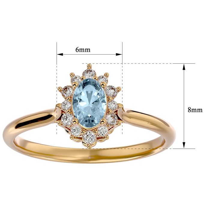 Aquamarine Ring: Aquamarine Jewelry: 2/3 Carat Oval Shape Aquamarine and Halo Diamond Ring In 14 Karat Yellow Gold