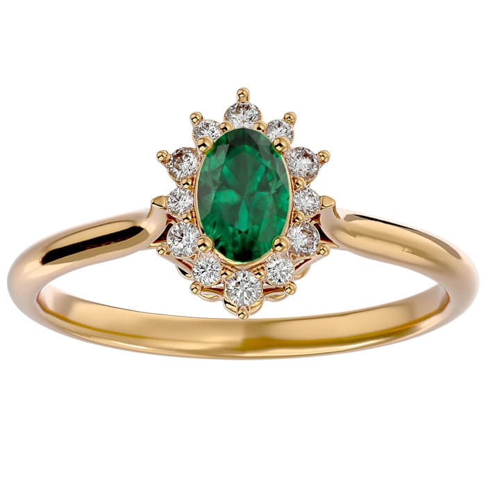 2/3 Carat Oval Shape Emerald and Halo Diamond Ring In 14 Karat Yellow Gold