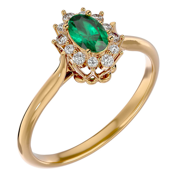 2/3 Carat Oval Shape Emerald and Halo Diamond Ring In 14 Karat Yellow Gold