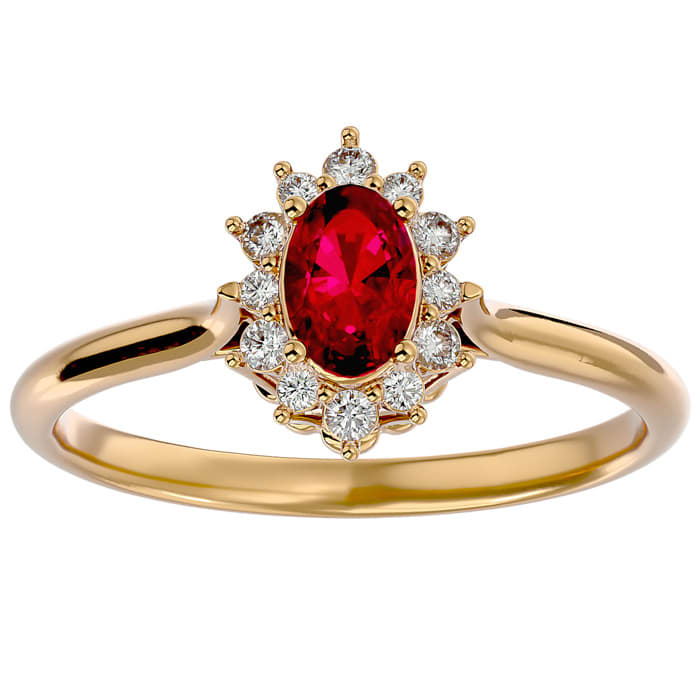 2/3 Carat Oval Shape Ruby and Halo Diamond Ring In 14 Karat Yellow Gold