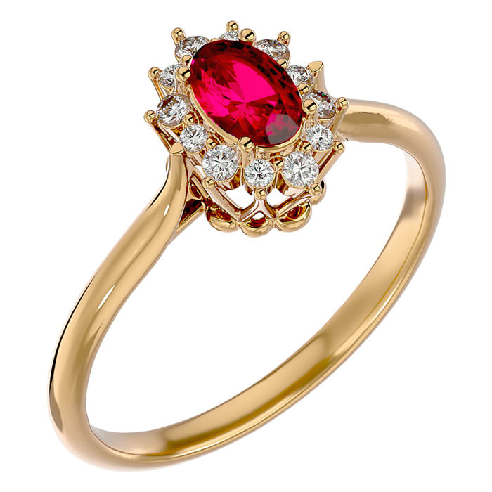 2/3 Carat Oval Shape Ruby and Halo Diamond Ring In 14 Karat Yellow Gold