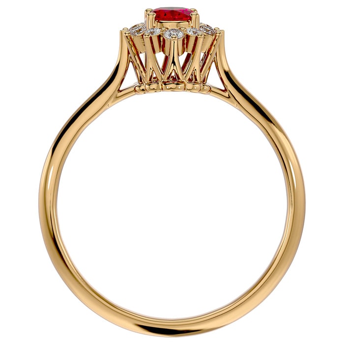2/3 Carat Oval Shape Ruby and Halo Diamond Ring In 14 Karat Yellow Gold