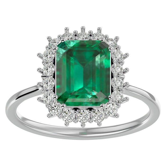 2 1/2 Carat Emerald and Halo Diamond Ring In 14K White Gold