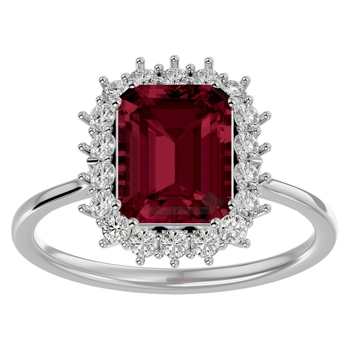 Garnet Ring: Garnet Jewelry: 3 Carat Garnet and Halo Diamond Ring In 14K White Gold