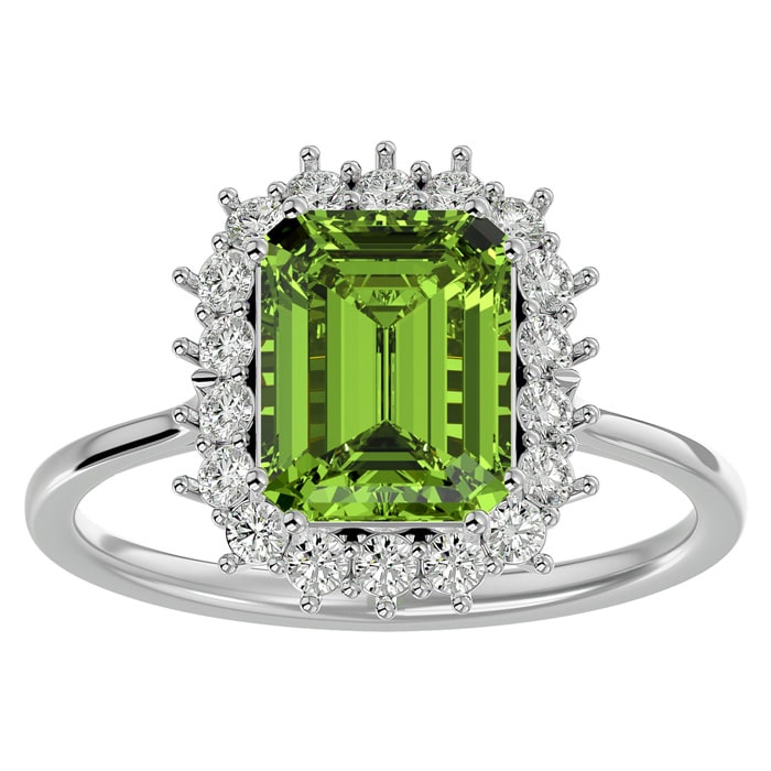 2 3/4 Carat Peridot and Halo Diamond Ring In 14K White Gold