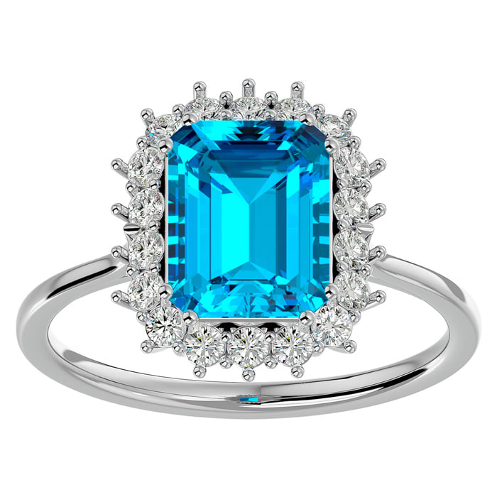 3 Carat Blue Topaz and Halo Diamond Ring In 14K White Gold