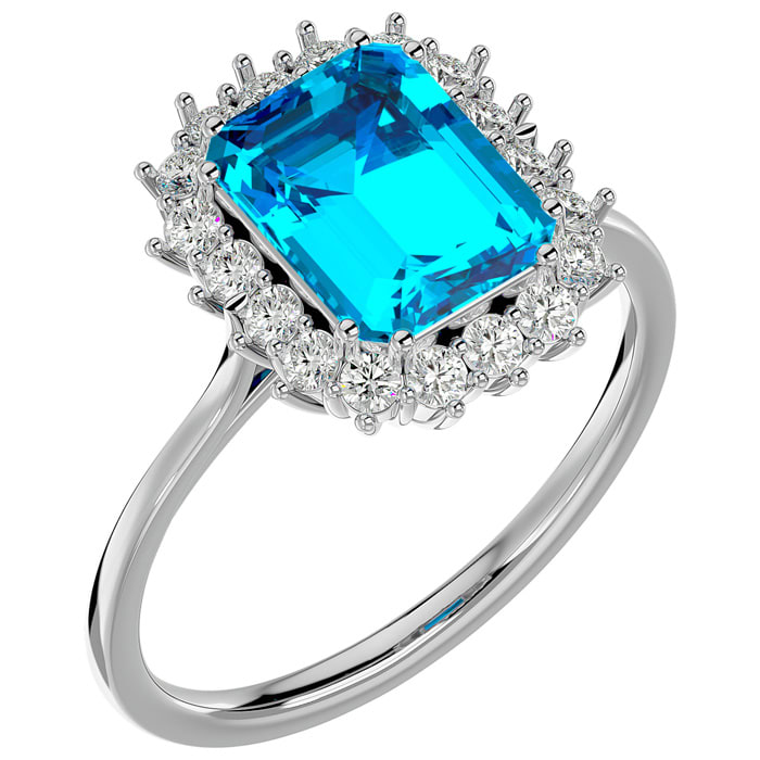 3 Carat Blue Topaz and Halo Diamond Ring In 14K White Gold