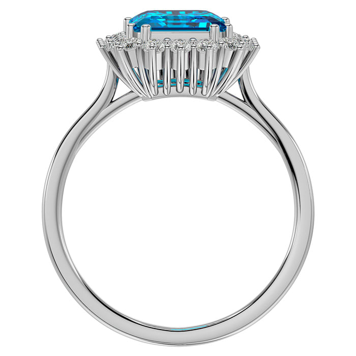 3 Carat Blue Topaz and Halo Diamond Ring In 14K White Gold