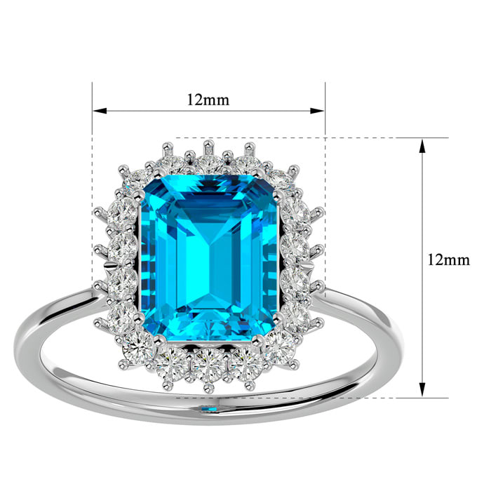3 Carat Blue Topaz and Halo Diamond Ring In 14K White Gold