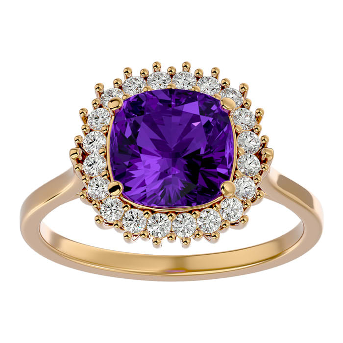 2 1/2 Carat Cushion Cut Amethyst and Halo Diamond Ring In 14K Yellow Gold