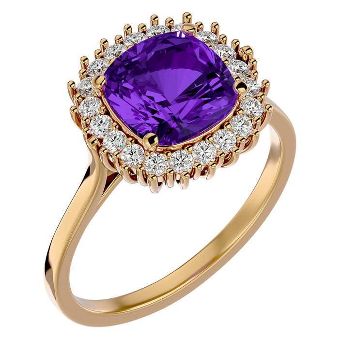 2 1/2 Carat Cushion Cut Amethyst and Halo Diamond Ring In 14K Yellow Gold