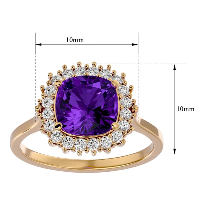 2 1/2 Carat Cushion Cut Amethyst and Halo Diamond Ring In 14K Yellow Gold