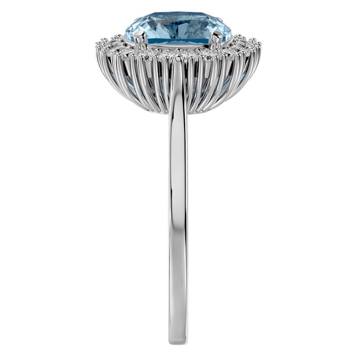 Aquamarine Ring: Aquamarine Jewelry: 2 1/2 Carat Cushion Cut Aquamarine and Halo Diamond Ring In 14K White Gold