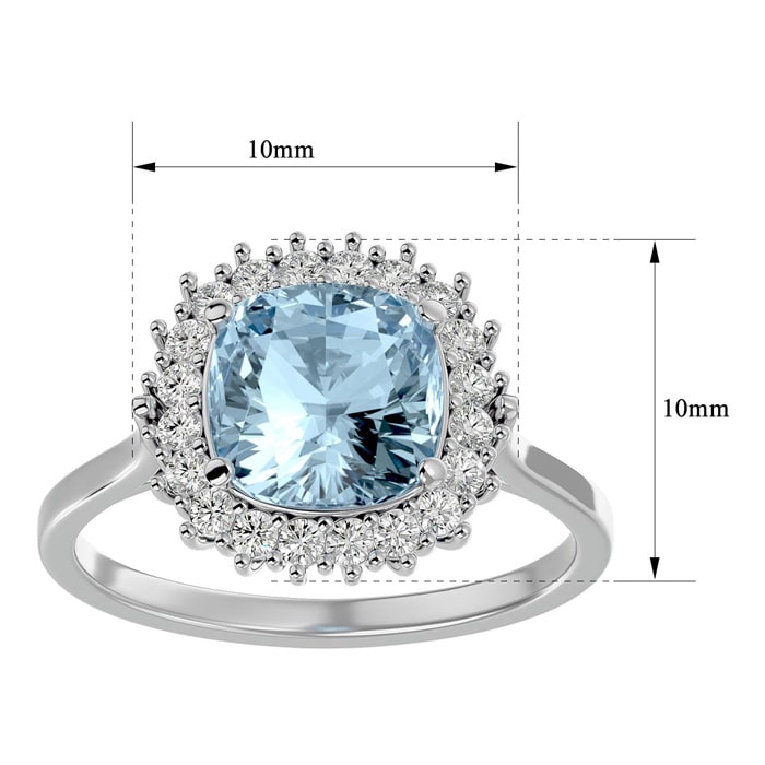 Aquamarine Ring: Aquamarine Jewelry: 2 1/2 Carat Cushion Cut Aquamarine and Halo Diamond Ring In 14K White Gold