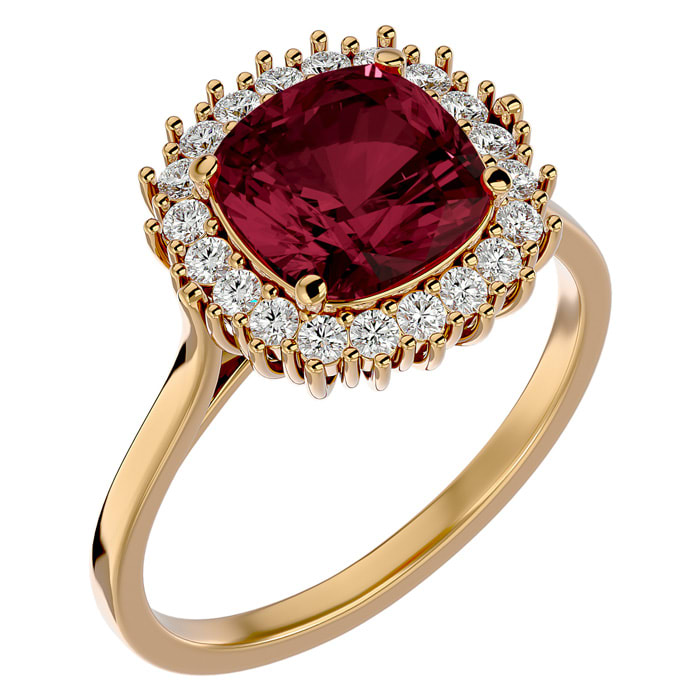 Garnet Ring: Garnet Jewelry: 3 1/2 Carat Cushion Cut Garnet and Halo Diamond Ring In 14K Yellow Gold