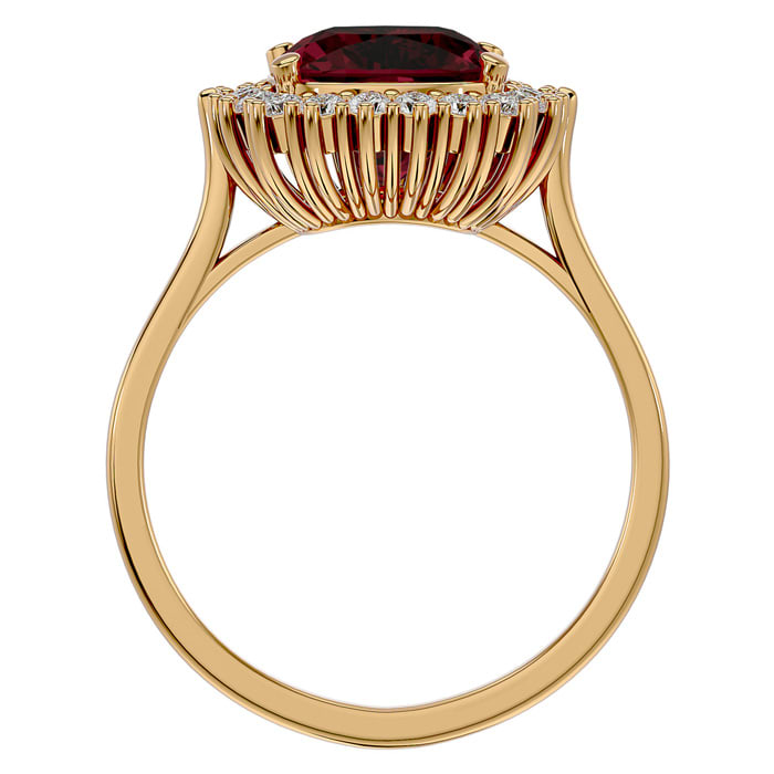 Garnet Ring: Garnet Jewelry: 3 1/2 Carat Cushion Cut Garnet and Halo Diamond Ring In 14K Yellow Gold