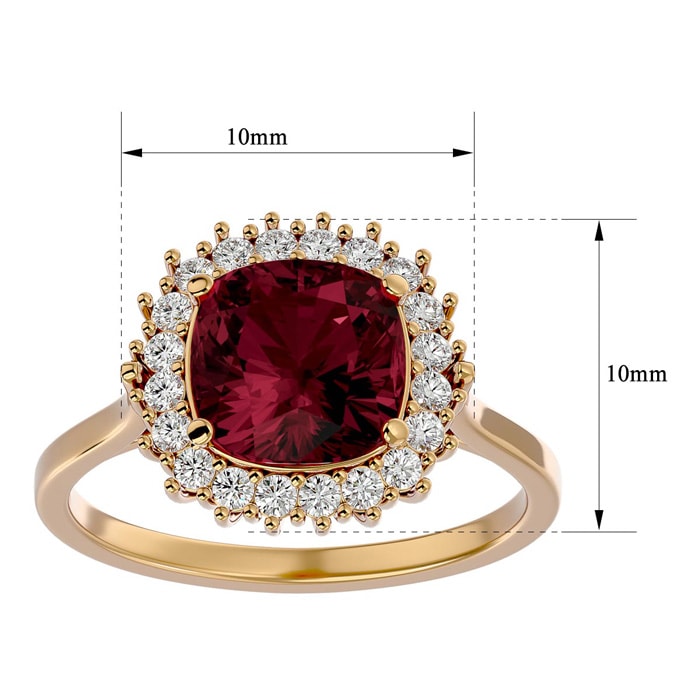 Garnet Ring: Garnet Jewelry: 3 1/2 Carat Cushion Cut Garnet and Halo Diamond Ring In 14K Yellow Gold