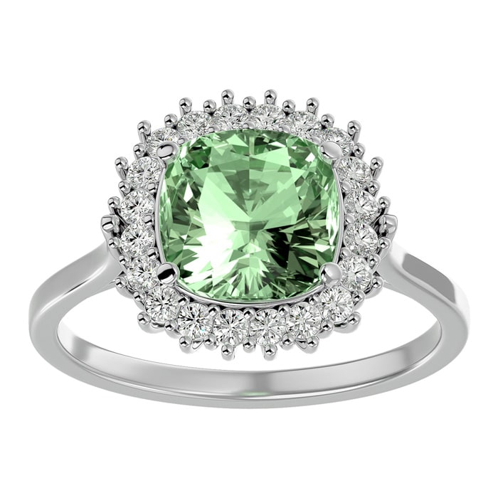 2 1/2 Carat Cushion Cut Green Amethyst and Halo Diamond Ring In 14K White Gold