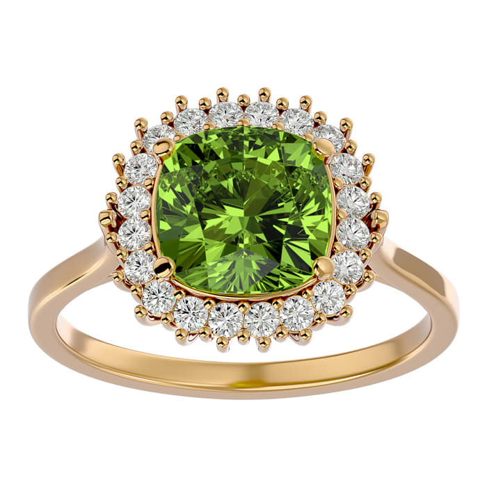3 Carat Cushion Cut Peridot and Halo Diamond Ring In 14K Yellow Gold