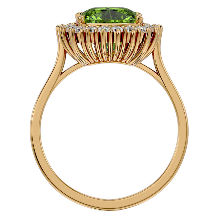 3 Carat Cushion Cut Peridot and Halo Diamond Ring In 14K Yellow Gold