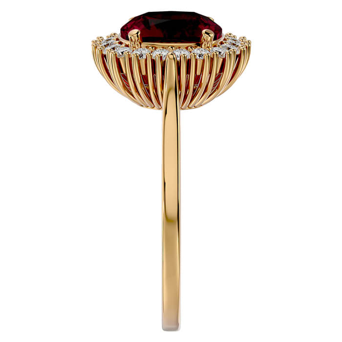 3 1/2 Carat Cushion Cut Ruby and Halo Diamond Ring In 14K Yellow Gold