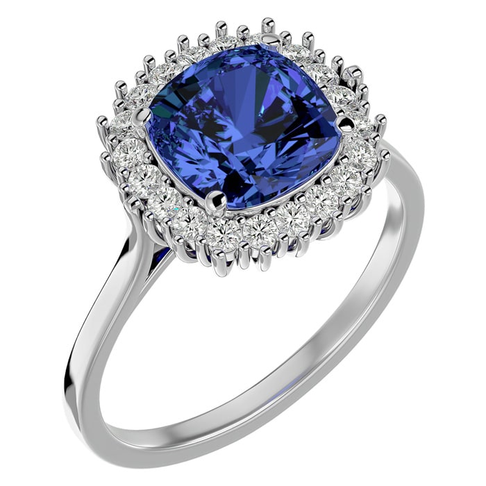 3 Carat Cushion Cut Tanzanite Halo 20 Diamond Ring in 14K White Gold 4 g Size 6 by SuperJeweler