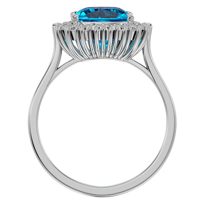 3 Carat Cushion Cut Blue Topaz and Halo Diamond Ring In 14K White Gold