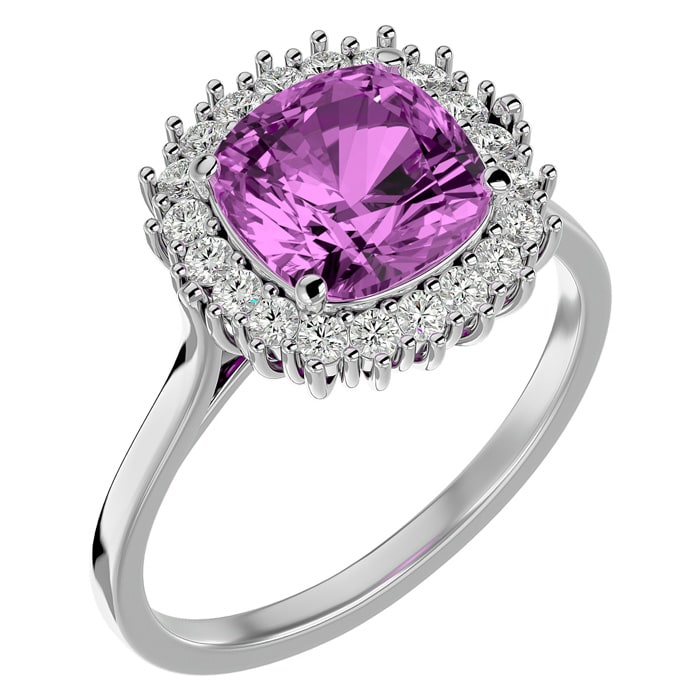 3 Carat Cushion Cut Pink Topaz and Halo Diamond Ring In 14K White Gold