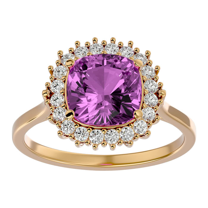 3 Carat Cushion Cut Pink Topaz and Halo Diamond Ring In 14K Yellow Gold