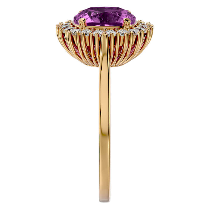 3 Carat Cushion Cut Pink Topaz and Halo Diamond Ring In 14K Yellow Gold