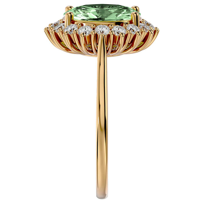 2 3/4 Carat Oval Shape Green Amethyst and Halo Diamond Ring In 14 Karat Yellow Gold