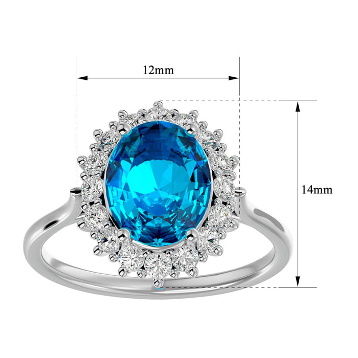 3 3/4 Carat Oval Shape Blue Topaz and Halo Diamond Ring In 14 Karat White Gold
