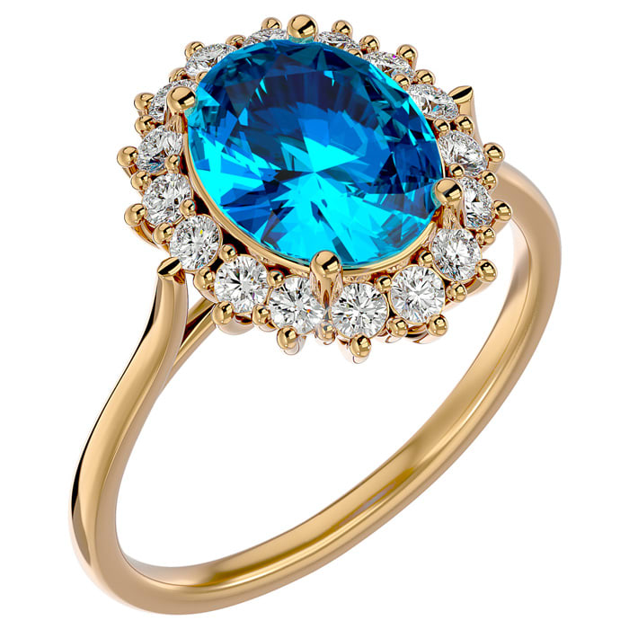 3 3/4 Carat Oval Shape Blue Topaz and Halo Diamond Ring In 14 Karat Yellow Gold