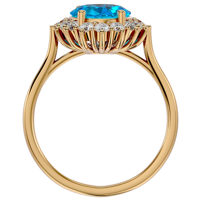 3 3/4 Carat Oval Shape Blue Topaz and Halo Diamond Ring In 14 Karat Yellow Gold