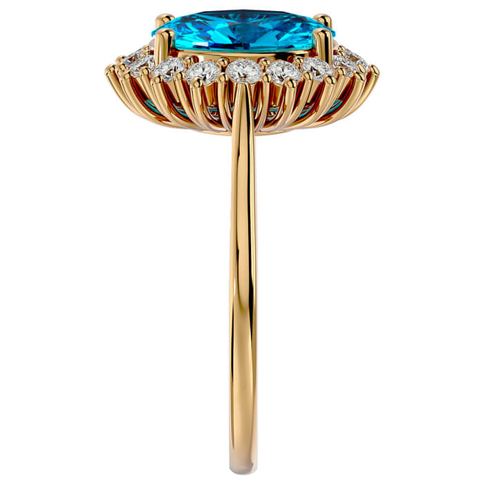 3 3/4 Carat Oval Shape Blue Topaz and Halo Diamond Ring In 14 Karat Yellow Gold