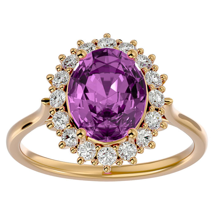 3 3/4 Carat Oval Shape Pink Topaz and Halo Diamond Ring In 14 Karat Yellow Gold