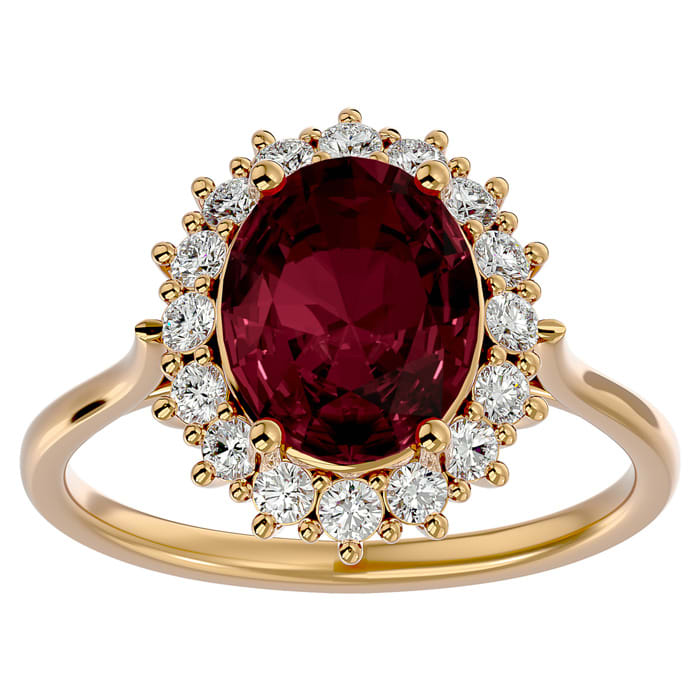Garnet Ring: Garnet Jewelry: 3.60 Carat Oval Shape Garnet and Halo Diamond Ring In 14 Karat Yellow Gold