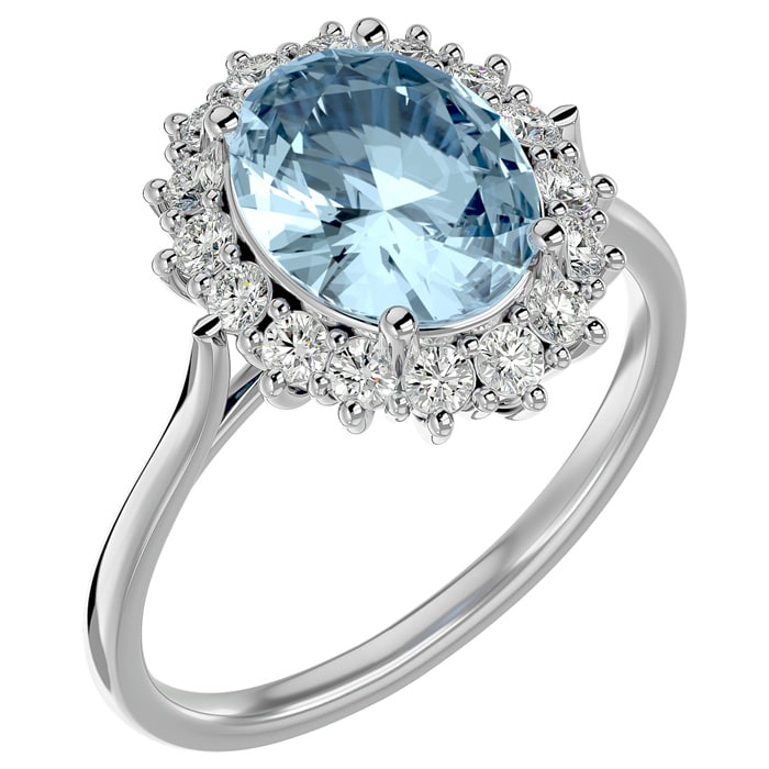 Aquamarine Ring: Aquamarine Jewelry: 2 3/4 Carat Oval Shape Aquamarine and Halo Diamond Ring In 14 Karat White Gold