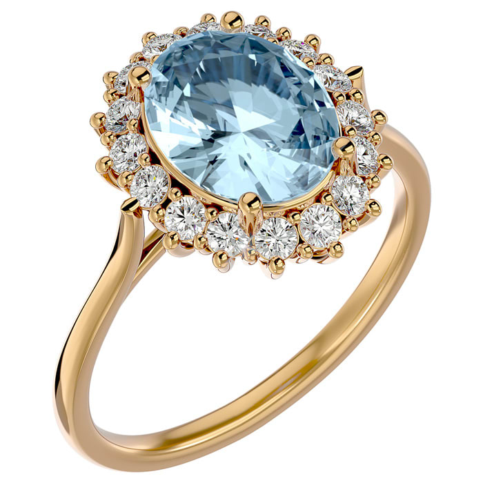 Aquamarine Ring: Aquamarine Jewelry: 2 3/4 Carat Oval Shape Aquamarine and Halo Diamond Ring In 14 Karat Yellow Gold