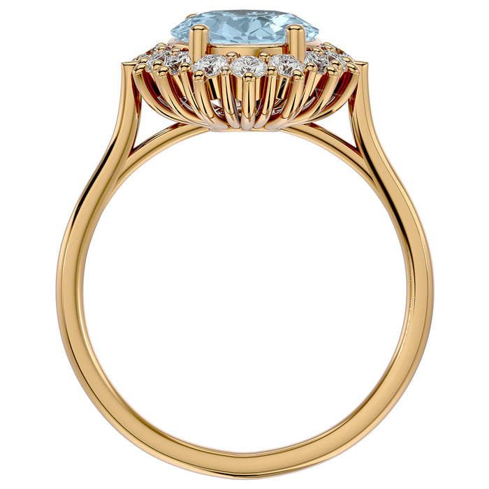 Aquamarine Ring: Aquamarine Jewelry: 2 3/4 Carat Oval Shape Aquamarine and Halo Diamond Ring In 14 Karat Yellow Gold