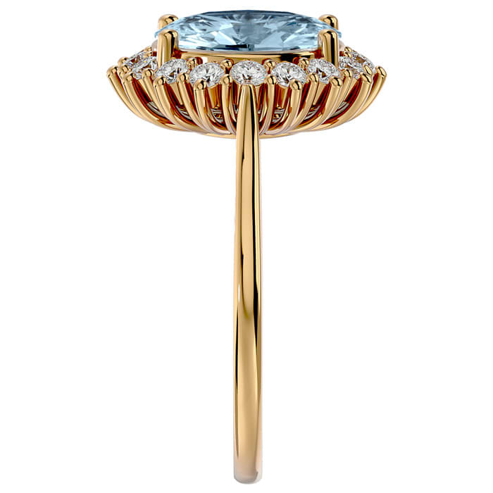 Aquamarine Ring: Aquamarine Jewelry: 2 3/4 Carat Oval Shape Aquamarine and Halo Diamond Ring In 14 Karat Yellow Gold