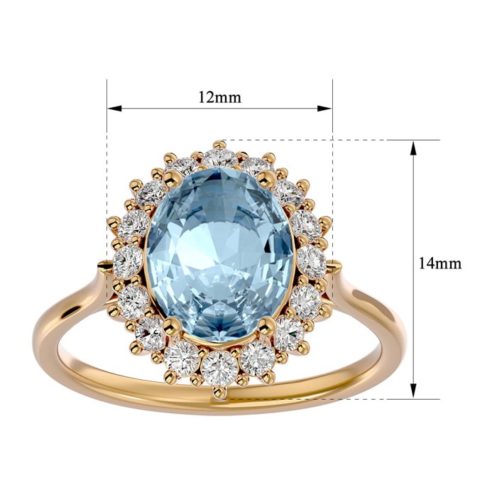 Aquamarine Ring: Aquamarine Jewelry: 2 3/4 Carat Oval Shape Aquamarine and Halo Diamond Ring In 14 Karat Yellow Gold